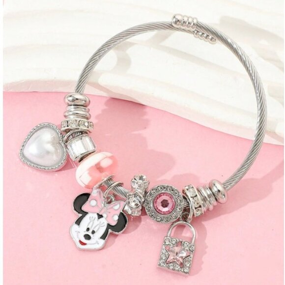 DISNEY Minnie Mouse Pink & Silver Charm Bracelet (BRAND-NEW & SO CUTE!) - Picture 1 of 2